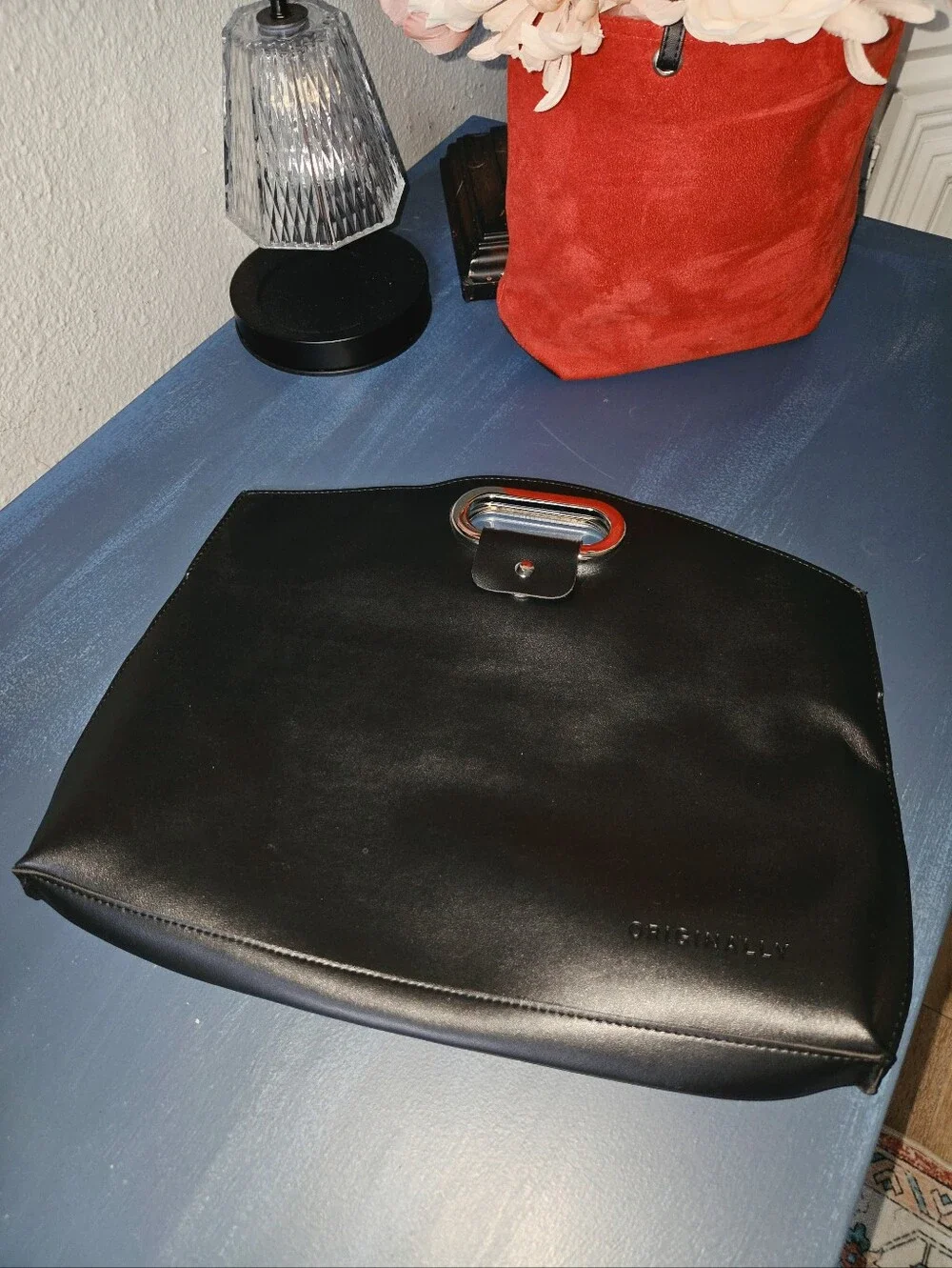 Originally Black Structured Tote Bag Silver Oval Handles Modern Minimalist
